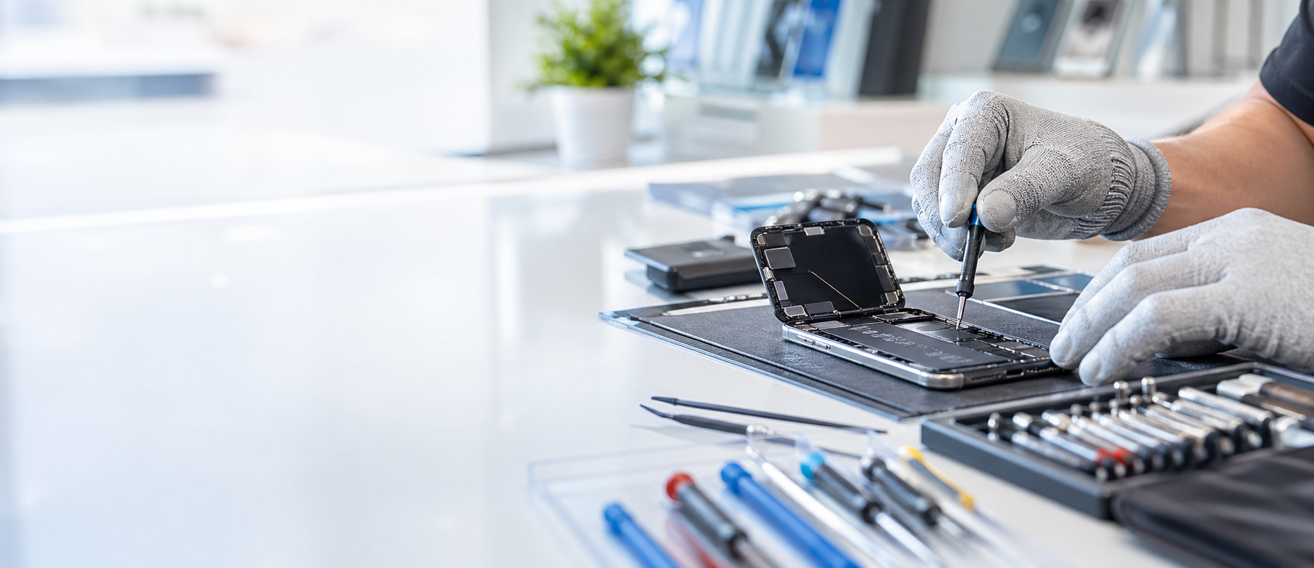 A technician repairing a smartphone on a clean workbench